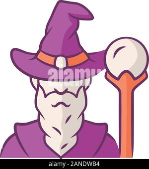 Assistent lila Farbe Symbol. Zauberer und Magier in hat. Alter weiser Mann, fantasy Druide. Märchen Hexenmeister mit Bart. Halloween Kostüm. Isolierte Vektor krank Stock Vektor