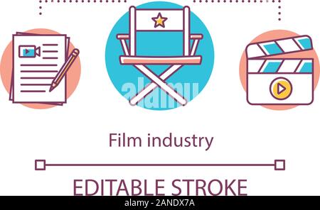 Filmindustrie Konzept Symbol. Im Show Business. Das Filmemachen. Kino Geschäft. Script, Direktor Stuhl, Cracker, dünne Linie Abbildung. Vektor isoliert Stock Vektor