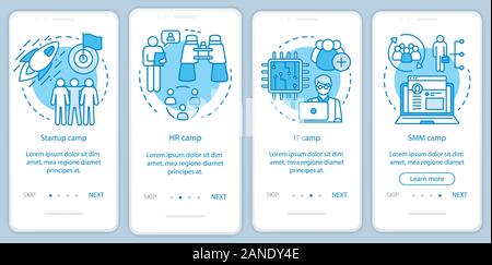 Anlauf, Firma camps Onboarding mobile App Seite Bildschirm mit linearen Konzepten. Team Building, HR Ausbildung walkthrough Schritte grafische Anweisungen. UX, Stock Vektor