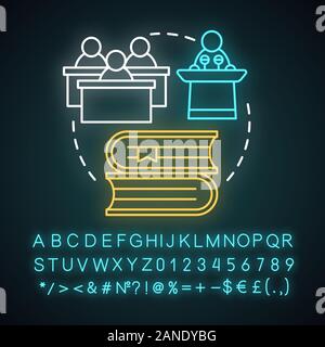 Akademische camp Neon Licht Konzept Symbol. Wissen, Bildung Club. Die gemeinsame Nutzung von Erfahrungen Idee. Leuchtende Zeichen mit Alphabet, Zahlen und Symbolen. Stock Vektor