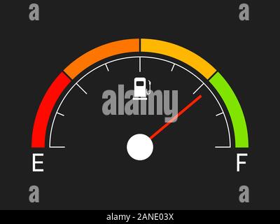 Kraftstoffanzeige. Benzinsymbol auf schwarzem Hintergrund isoliert. Gasanzeige in flacher Ausführung. Ölstab mit Farbelementen. Visualisierung des Manometers mit Kraftstoff Stock Vektor