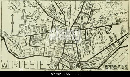Trolley Reisen durch New England. . Der Rathausplatz ist Worcesters belebten Ecke WORCESTER, Mass. (Hotel: Bancroft, $ 1,50; Restaurant, Putnam-Thurston) Der Titel des Herzen des Commonwealth, die Verwendung nach Worcester von einigen unbekannten Freund gegeben, wird moreand besser geeignet als Zeit auf, denn es ist eine greatmercantile Zentrum geworden ist, weitgehend das Ergebnis der exte 7 Ision der vorgeschriebenen Bahn in alle Richtungen geht. Es ist in gewisser Weise ein Clearing-house für Neu-england Trolleys, wie viele Fernleitungen treffen und hier übertragen. Die thro Reisenden von Nev/York kann auch erreichen die townt Stockfoto