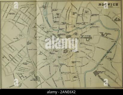 Den östlichen Grafschaften; ihre Wasserstellen, Dom Städte und andere Orte von Interesse, zusammen mit den Ansätzen von LondonMaps und Plänen von Bartholomäus. eenroad, überschritten ist, und in ein paar Minuten Roudham Kirche, eine Ruine, isclose durch auf der rechten Seite. Nach diesem Nichts fordert Bekanntmachung untilAttleborougrb, 110 J m. (Inn: Royal) erreicht ist. Die churchand Dorf sind auf der linken Seite, und die ehemalige ist einen Besuch wert, vom gemütlichen Touristische, obwohl es den Verlust von itschancel erlitten hat. Der norden Veranda und der Lettner, jetzt im Westend des Kirchenschiffs, sind besonders hervorzuheben. In Wymondham Stockfoto