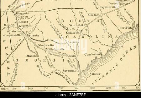 United States; eine Geschichte: Die umfassendste und beliebteste Geschichte der Vereinigten Staaten von Amerika von den frühen bis in die Gegenwart. . E Konföderierten Armee, 60 Du-sand stark. Nach einigem rangieren und zu kämpfen, schaffte er es, turningJohnstons Flanke, und verpflichtet ihn zurück zu Resaca zu fallen. Nach zwei hardbattles am 14. und 15. Mai, dieser Ort auch durchgeführt wurde, und theConfederates durch Calhoun und Kingston nach Dallas zurück. Hier, auf den 28., Johnston einen zweiten Stand, befestigte himselfand kämpfte, wurde aber wieder in der Überzahl, Elektro-unternehmen stehen und gezwungen tofall Stockfoto