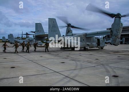 Us-Marines mit Marine Unmanned Aerial Vehicle Squadron 3, Marine Flugzeuge Gruppe 24, schleppen Ausrüstung auf einer MV-22 Osprey B auf der Marine Corps Base Hawaii, Jan. 15, 2019. VMU-3 durchgeführt, um die Belastung mit Marine Medium Tiltrotor Squadron 268 als Teil einer Expeditionary einsetzen, um den Kampf gegen die Bereitschaft und Letalität zu erhalten. (U.S. Marine Corps Foto von Lance Cpl. Jakob Wilson) Stockfoto