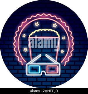 Kino Gläser und Popcorn mit Licht von Neon Stock Vektor