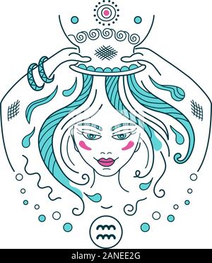 Aquarius-Sternbild Tierkreiszeichen Illustration, Fantasy-Schmuck im Feenstil. Mädchen oder Frauen duschen aus einem Topf und waschen lange Haare. Shampoo l Stock Vektor