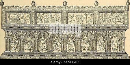 Geschichte der mittelalterliches Kunst. Abb. 278.- Ambo im Chor des Münsters ofAix-la-Chapelle. Deutschland. 457 Unter ihnen Eilbert von Köln, der den tragbaren Altar inder privaten Schatz in das Haus des Hannover ausgeführt; Nikolaus von Verdun, der Designer Der antependium in Klosterneuburg und der Reli-quary von Tournai; und Henricus Custos Siegburg, der Künstler der Schrein von Anno in Siegburg in der Nähe von Bonn. Niello, eine Gravur oflines auf einer Kombination von Metallen auf eine flache Oberfläche, Lager somerelation zum Kleinen champleve, scheint erste employedin der tragbaren Altar der Schatzkammer zu haben Stockfoto