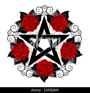 Pentagramm Schwarz mit Muster, mit blühenden, rote Rosen mit Blättern auf weißem Hintergrund eingerichtet. Tattoo Stil. Stock Vektor