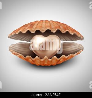 Glück in der Liebe als eine Perle wie ein Herz in einem offenen Muschel geformt als Saint Valentines Romanze Symbol und dating Glück Metapher, eine wahre Liebhaber. Stockfoto