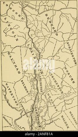 Die Geschichte von Tag Patrioten', Lexington und Concord, 19. April 1775, mit Gedichten, brachte auf der ersten Beobachtung der Jahrestag Urlaub. Als wir dort ankamen, anelderly Mann kam, sagte er, es gebe keine Britishtroops kommen. Herr Lowell und mir ging inrichtung Taverne, wenn wir einen Menschen auf vollem Galopp met, whotold uns die Truppen kamen oben die Felsen. Weafterwards traf einen anderen*, die sagten, dass sie in der Nähe waren. Herr Lowell fragte mich in die Kneipe, mit ihm zu gehen, einen Stamm von Papieren, die von Herrn Hancock zu erhalten. Wir gingen hinauf - Kammer; und während wir erhielten thetrunk, wir sahen die Briten ganz in der Nähe, u Stockfoto