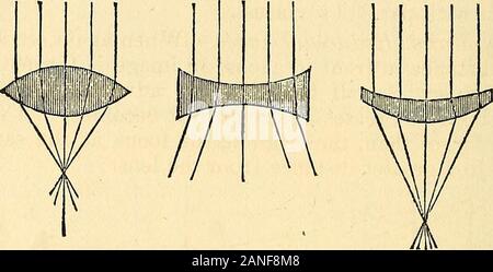 Ein Handbuch der fotografischen Chemie, Theoretische und Praktische. ive Befugnisse, solche Zahlen vielleicht vertreten, fast, von den anderen durch die geraden Linien begrenzt wird, andthus wird evident, dass eine bikonvexe Linse neigt zu condenserays des Lichts zu einem Punkt und einem biconcave, um sie zu zerstreuen. Amensicus verbindet beide Aktionen, aber die Strahlen sind schließlich benttogether, die konvexe Kurve einer Meniskuslinse, als die alwaysgreater convave. Die Schwerpunkte der Linsen. - Es hat sich gezeigt, dass die konvexe lensestend zu kondensieren Lichtstrahlen und ziehen Sie sie zusammen zu apoint. Dieser Punkt ist der Fokus des Objektivs bezeichnet. 330 OPTI Stockfoto