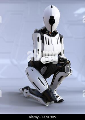 3D-Rendering für eine weibliche Android Roboter hinsetzen hockend. Futuristische ai Konzept. Stockfoto