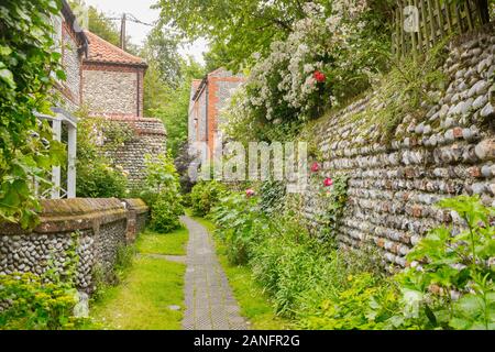 Grünen back Lane, voller Pflanzen, Bäume, grün und Pfad. Gepflasterte Wand ist typisch für die Gegend Stockfoto