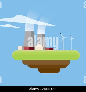 Quellen für die Generierung von Energie oder Kraft. Atomkraftwerk und Windenergieanlagen. Stock Vektor