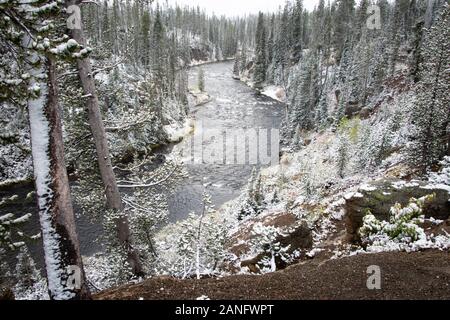 Wicklung Fluss und Bäume im Schnee entlang der Straße fahren von Grant Teton National Park zu Yellow Stone National Park bedeckt Stockfoto