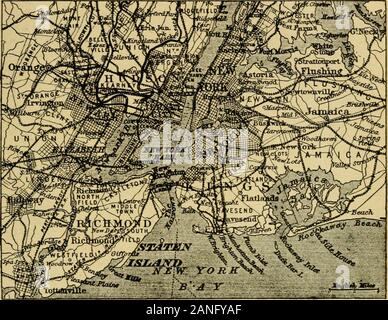 Die internationale Geographie. Sie schmale trenchesin das Tal Etagen geschnitten haben. Die Hudson und St. Lawrence sind im Gegensatz zu allen anderen Flüssen von theGreat Tal in die Täler teilweise durch Meerwasser überflutet, Con-Reihenfolge der mittelschweren Depressionen der nördlichen Länder bereits genannten bei der Beschreibung der Buchten an der Küste von New England. Die untere St. die Vereinigten Staaten 729 Lawrence ist somit weitgehend erweitert in einen Trichter-förmige Bucht, Fehlbenannten agulf; aber der ertrunken Hudson ist eng in die steilen Wände gesäumt der Highlands. Es behält somit die Darstellung eines Flusses, obwohl itsvolume Stockfoto