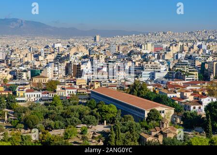 Luftaufnahme von Stoa des Attalos auf der Agora von Athen in Athen, Griechenland Stockfoto
