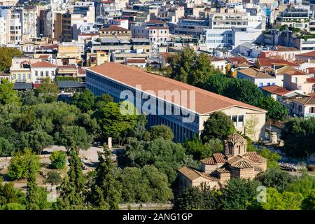 Luftaufnahme von Stoa des Attalos auf der Agora von Athen in Athen, Griechenland Stockfoto