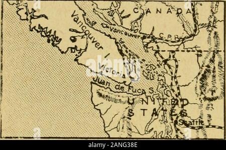 Die internationale Geographie. Tolles navalharbor Esqiiimalt, dem wichtigsten Bahnhof für die North Pacific Squadronof der britischen Flotte. Vancouver, die westliche Endstation der CanadianPacific Eisenbahn, ist am südlichen Ufer des Burrard Inlet, einer der besten Häfen an der Pazifikküste gelegen, und der Ausgangspunkt ofregular Linien der Dampfer zu Japanand Neuseeland. Neuen West-Münster, die iirst Hauptstadt des wichtigsten - Land, Provinz, eine kurze Strecke für die Abfassung Radierer Fluss, wurde im Jahre 1858 gegründet. Rossland, auf das Gold - fieldsnear der Columbia River, hat sprunginto Existenz als Stadt zweite inpopulatio Stockfoto