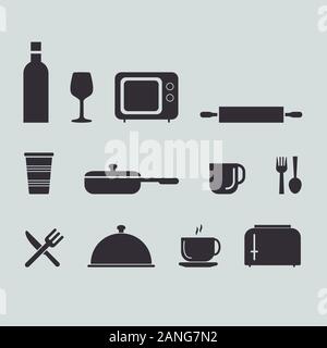 Kochen Zeile für Symbole. Kochzeit, Bratpfanne und Küchengeräte. Gabel, Löffel und Messer Zeile für Symbole Stock Vektor