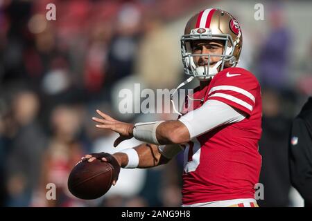 San Francisco 49ers quarterback Jimmy Garoppolo (10) vor einem NFL Divisional Playoff Spiel gegen die Minnesota Vikings, Samstag, 31.01.11, 2020 in Santa Clara, Calif. Die 49ers besiegten die Vikings 27-10. (Foto von IOS/ESPA-Bilder) Stockfoto