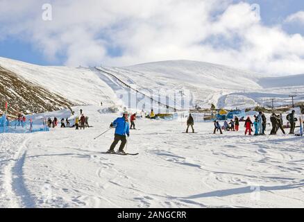 Männer, Frauen und Kinder auf sonnigen Schneepisten im Cairngorm Mountain Ski Center Cairngorms National Park, Aviemore, Scottish Highlands, Schottland UK Stockfoto