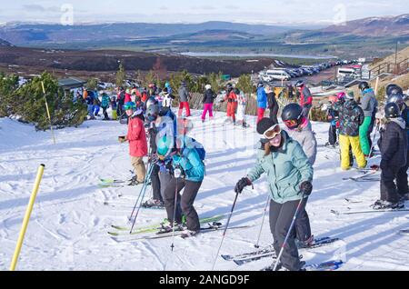 Skifahrer und Snowboarder stehen im Cairngorm Mountain Ski Center, Aviemore, Cairngorms National Park, Scottish Highlands, Scotland UK, Schlange. Stockfoto