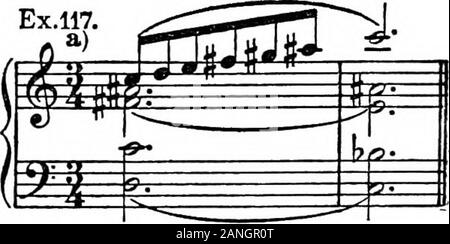 Moderne Harmonie, seine Erklärung und Anwendung. Die Mischung von zwei tonale Serie. Aber Komponisten selbst sehr selten, entweder der zwei mögliche Systeme beschränken, und frei von beiden inorder zeichnen ein weniger monoton und mehr fluentprogression zu erhalten. Im Beispiel 117, Bei (a) Wir haben thepure tonale fortschreiten; (6) eine Entschließung indie benachbarten tonale Serie. Zwei Serien sind auch in der karg-elert Beispiel verwendet. Weitere, als die Komponisten seldomseem ohne irgendeine Art von Auflösung in die oldersystem, die wirklich Plätze aU solche Beispiele unter dem duodecuple System zufrieden. Ex.1 Stockfoto