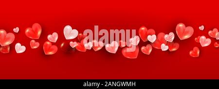 Realistische Valentines Tag Konzept mit weichen, roten 3d Herz Einrichtung auf einem roten Hintergrund. Horizontale Banner für Artikel, Rabatt, Plakat, Einladung Stock Vektor