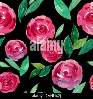 Nahtlose Blumenmuster in Wasserfarben. Rote und rosafarbene Aquarellrosen mit Blättern. Handbemaltes Vintage-Blumenmuster auf schwarzem Hintergrund. Abstrakte Rose Stockfoto