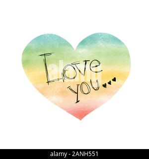 Aquarell Herz mit Liebe, in der Sie Text. Hand rot orange gelb grün Herz Form gezeichnet. Regenbogen Farben auf weißem Hintergrund. Valentines Malerei. Sympathie Stockfoto