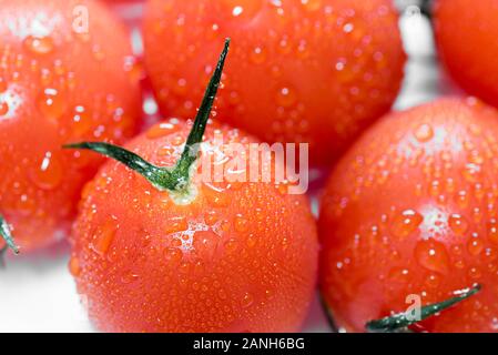 Reife frische orangefarbene Tomaten Nahaufnahme. Nasse Tomaten mit Wassertröpfchen. Stockfoto