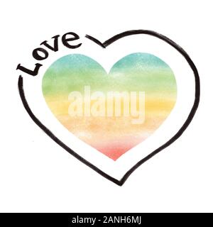 Hand gezeichnet Aquarell Herz. Rot orange gelb grün lackierten Herzform mit Liebe Text. Regenbogen Farben auf weißem Hintergrund. Valentines Malerei Stockfoto