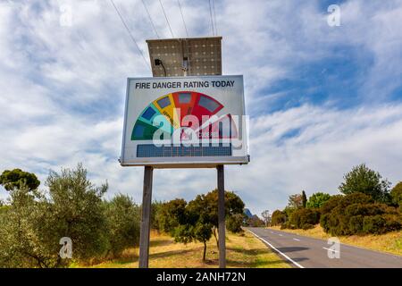 Nahaufnahme des hohen Brandgefahr Bewertung Zeichen auf ländlichen Straßen in Australien Stockfoto