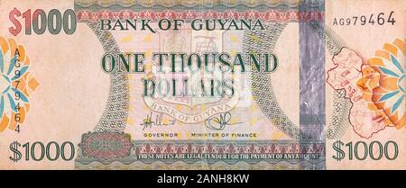 Teil von Braun Guyana 1000 Dollar Banknote fragment Nahaufnahme Stockfoto
