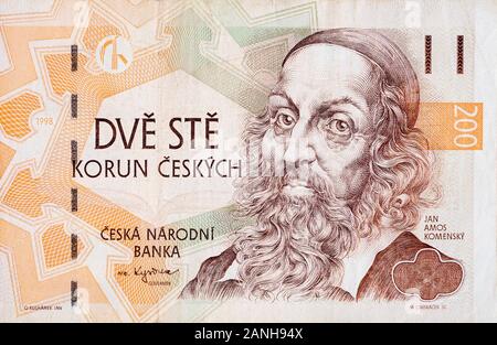 Jan Amos Komensky Portrait von Tschechischen Geld 200 Tschechische Korun Bank Note. Korun ist die nationale Währung der Tschechischen 1998 Stockfoto