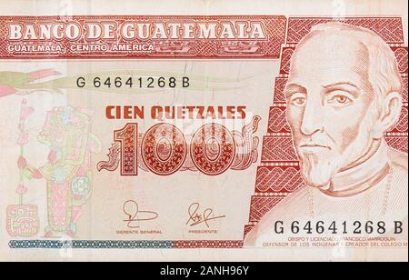 Bischof und Junggeselle Francisco Marroquin zu Guatemala 100 Quetzales 2007 Banknote fragment Nahaufnahme Stockfoto