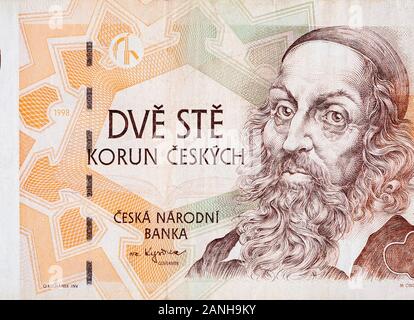 Jan Amos Komensky Portrait von Tschechischen Geld 200 Tschechische Korun Bank Note. Korun ist die nationale Währung der Tschechischen 1998 Stockfoto