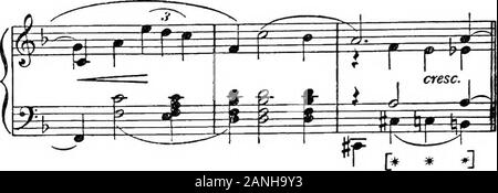 Moderne Harmonie, seine Erklärung und Anwendung. Diese Ansicht der Oktave aus zwölf equaldivisions lässt zu lange Abfolgen von Abständen oder chordsexactly qualitativ gleich. Dies stellt einen neuen harmonicprinciple in der Lage, breite Anwendung, angefangen von thesuggestion eines entfernten modal Gefühl zu Passagen von purposelyevasive Tonalität und so schöne Ausdrücke wie den folgenden: Ex. 70. Andante. P CORDER, Elegie in E m^^^ fTT % (pf.) cantabile ma m^Klavier TT10 - una Corda * * * * [gleich großen 3rds] 88 moderne Harmonie. Ex.71. Andante. Stimmen. j^ ELGAR, König Olafi Stockfoto