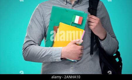 Student Notebooks mit italienischer Flagge, internationale pädagogische Programm Stockfoto