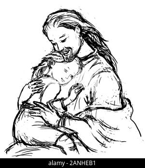Jesus Umarmte Das Junge Kind. Abbildung oder Skizze der Stift- und Tintenzeichnung Stockfoto