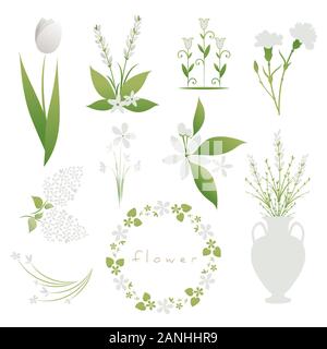 Satz von weißen Blüten, dekorative Sträuße, Kränze und Schiffen, auf weißem Hintergrund Stock Vektor