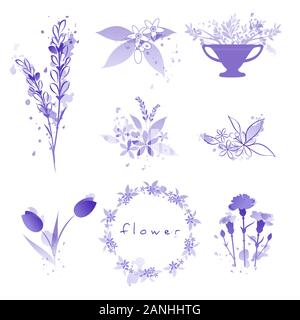 Lila Blüten mit Aquarell Spritzer auf weißem Hintergrund einstellen Stock Vektor