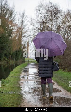 Kidderminster, Großbritannien. 17. Januar, 2019. UK Wetter: Mit absolut kein Lassen sie sich in das nasse Wetter, Wasserstand sind auf dem Vormarsch und auch Gehwege überfluteten zwingen die Fußgänger ihre Gummistiefel. Eine Frau mit Regenschirm, Rückansicht, ist hier zu sehen isoliert zu Fuß durch die Pfützen in Ihrem wellies entlang eines Kanals Leinpfad im Regen. Der Monat Januar erweist sich als nass, der trostlosen Start in das neue Jahr. Quelle: Lee Hudson/Alamy leben Nachrichten Stockfoto