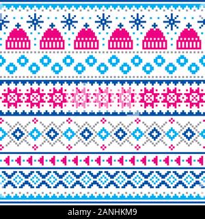 Winter, Weihnachten Fair Isle Stil traditionelle Strickwaren Vektor nahtlose Muster mit Winter Mützen und Schneeflocken Stock Vektor