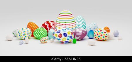 Farbige ostereier und Geschenke, 3D-Rendering Stockfoto