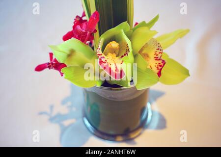Blumenschmuck mit rosa und grün Orchideen Stockfoto