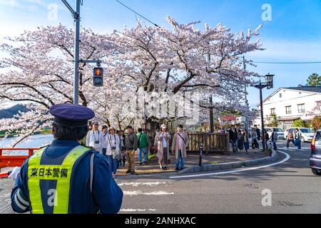 Blick auf die Straße von Hakuba im Frühling kirschblüten Saison sonnigen Tag morgen. Hakuba ist berühmt durch die bukeyashiki (Samurai Residenzen). Semboku Stockfoto