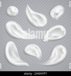Weiß Creme verschmiert Sammlung auf transparentem Hintergrund isoliert. Feuchtigkeitsspendende Lotion, Sonnenschutz Anschläge. Stock Vektor